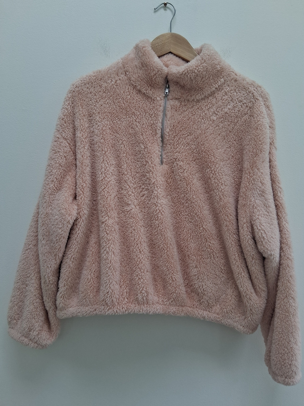 H&M Women's Blush Pink Teddy Fleece Half-Zip Pullover Sweater Jacket Size Medium